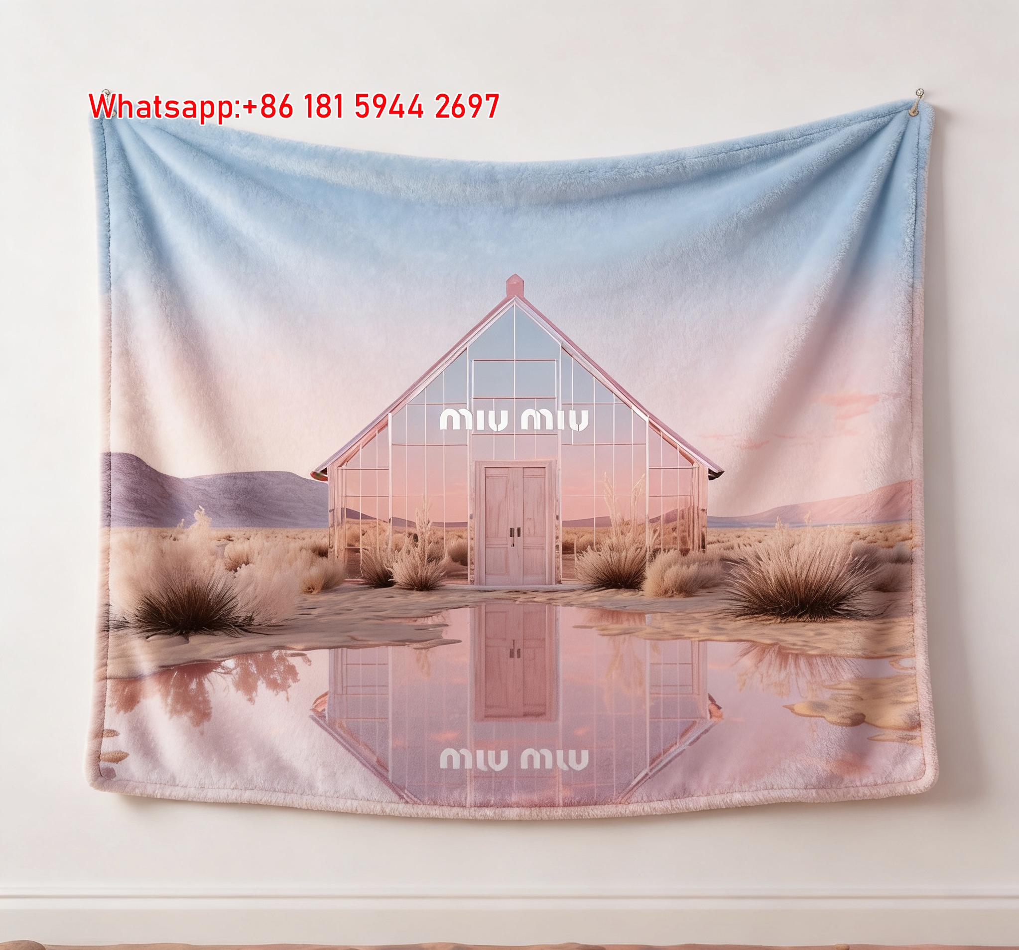 Miu Miu Blush Pink Desert Glass House Print Flannel Sofa Throw Blanket IMG_0526